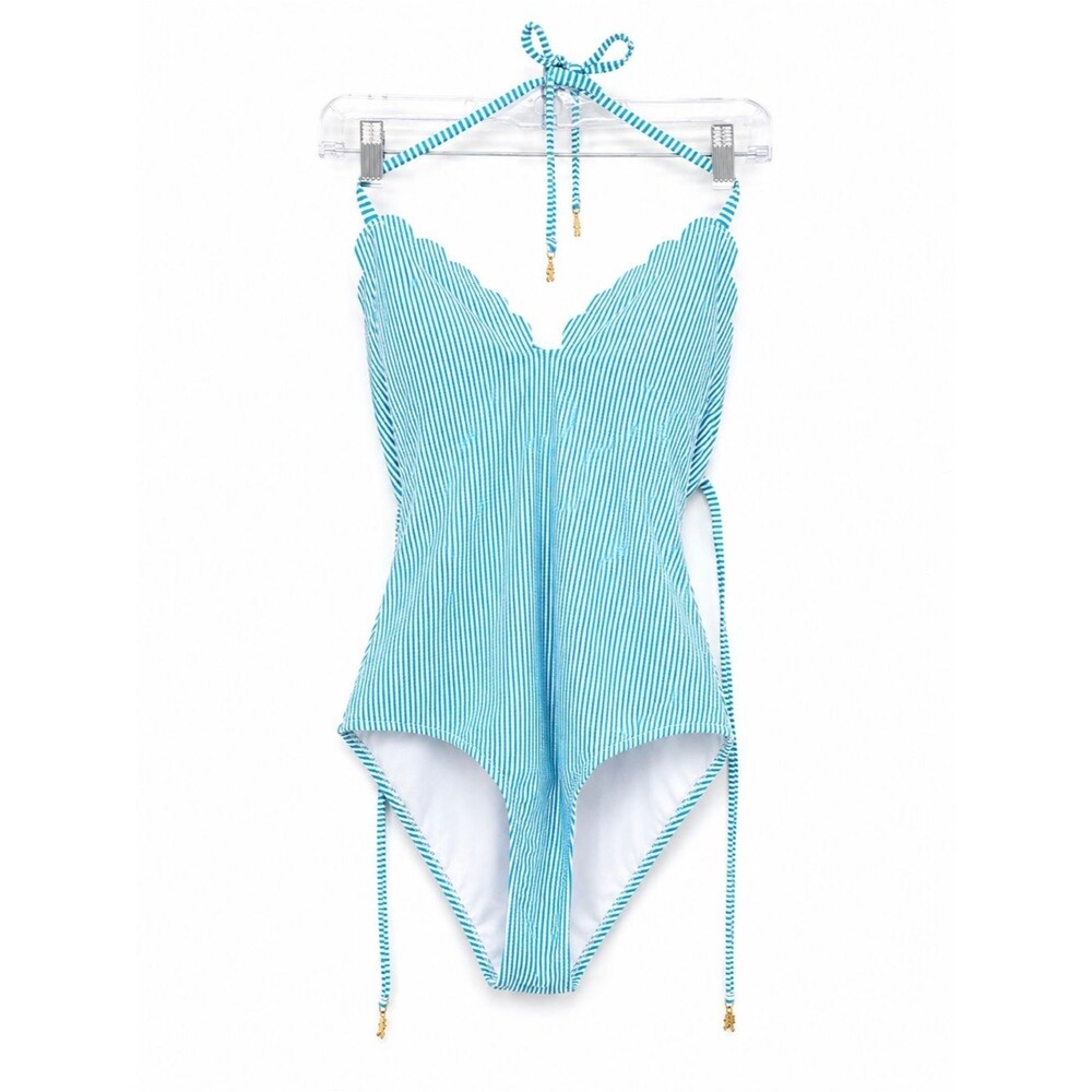 Jessica Simpson Blue White Seersucker Scalloped One Piece Swimsuit Halter Size S